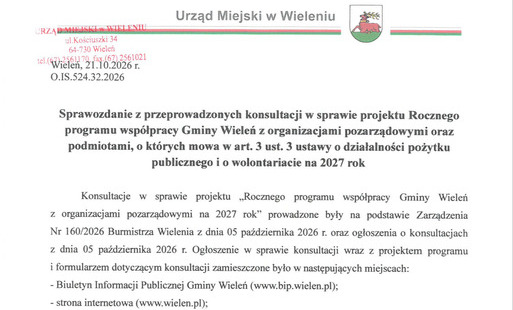 Zdjęcie do Sprawozdanie z przeprowadzonych konsultacji w sprawie projektu Rocznego programu wsp&oacute;łpracy Gminy Wieleń z organizacjami pozarządowymi na 2027 rok