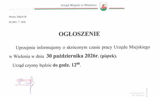 Zdjęcie do Ogłoszenie o skr&oacute;conym czasie pracy Urzędu Miejskiego w Wieleniu