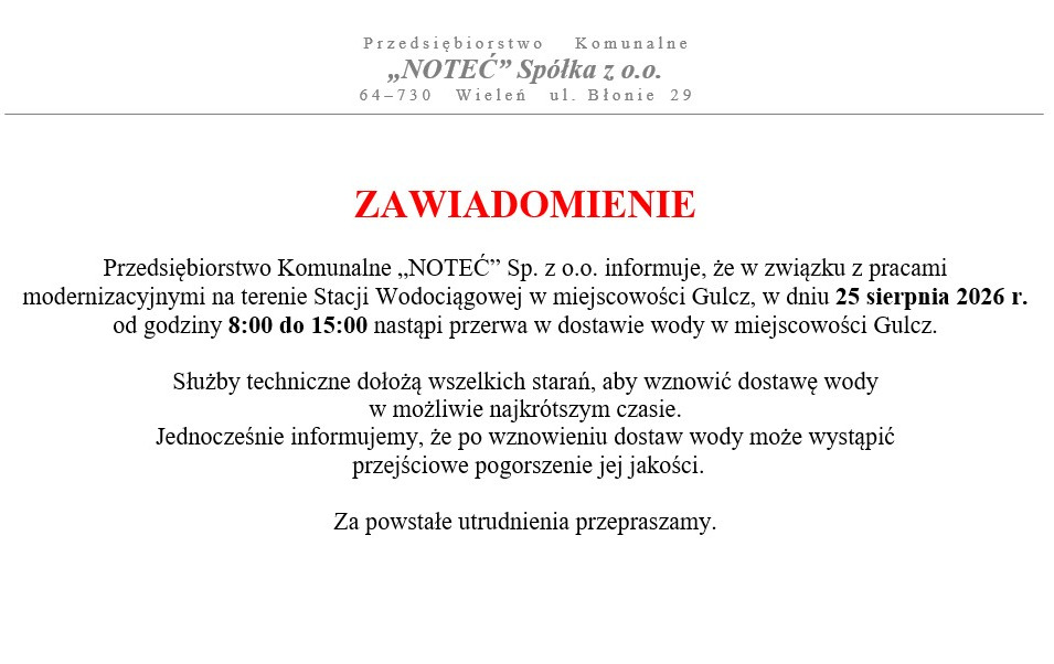 ZAWIADOMIENIE - przerwa w dostawie wody w miejscowości Gulcz