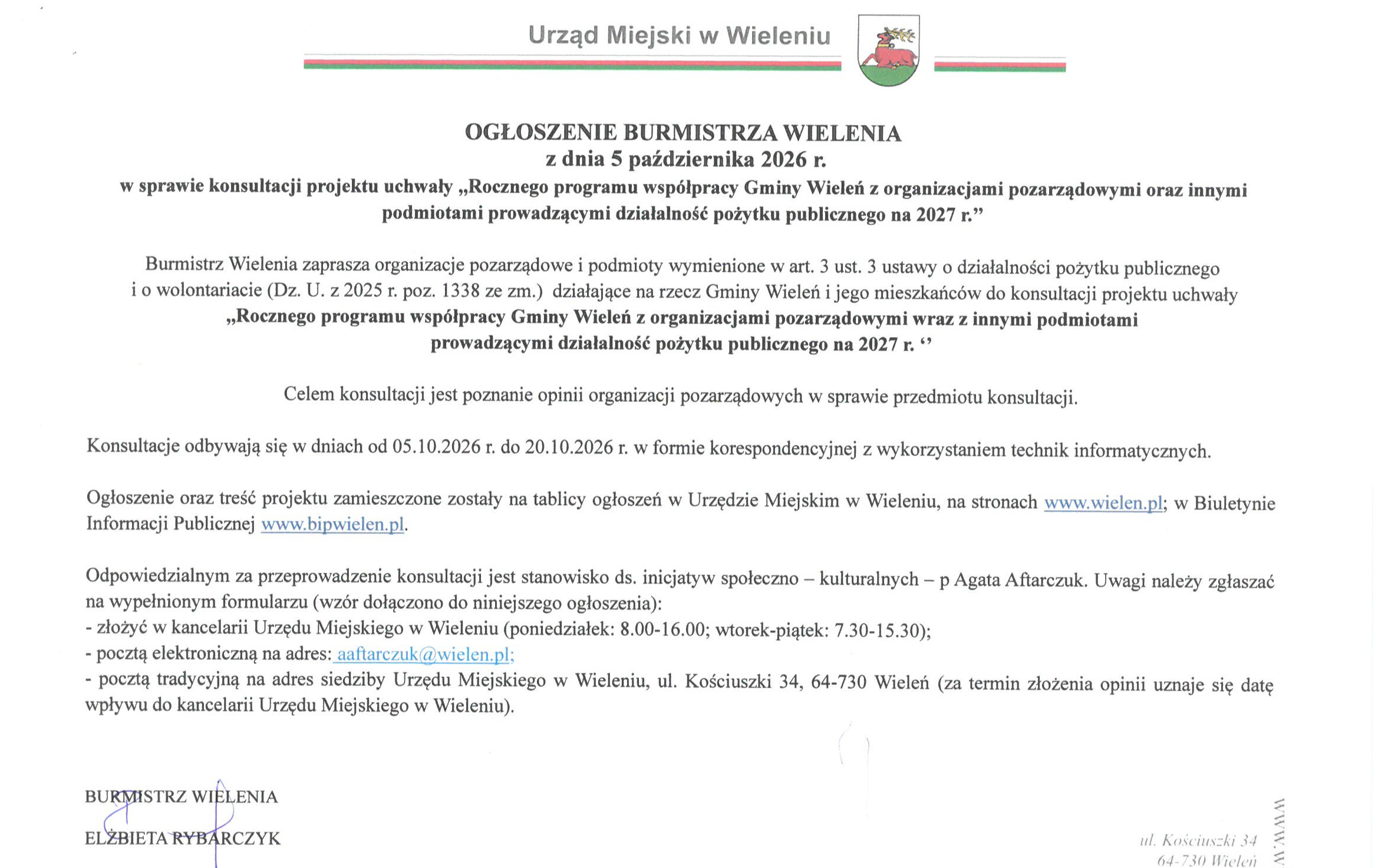 Ogłoszenie Burmistrza Wielenia z dnia 05 października 2026 r. w sprawie konsultacji projektu uchwały ,,Rocznego programu współpracy Gminy Wieleń z organizacjami pozarządowymi oraz innymi podmiotami prowadzącymi działalność pożytku publicznego na 2027 r.