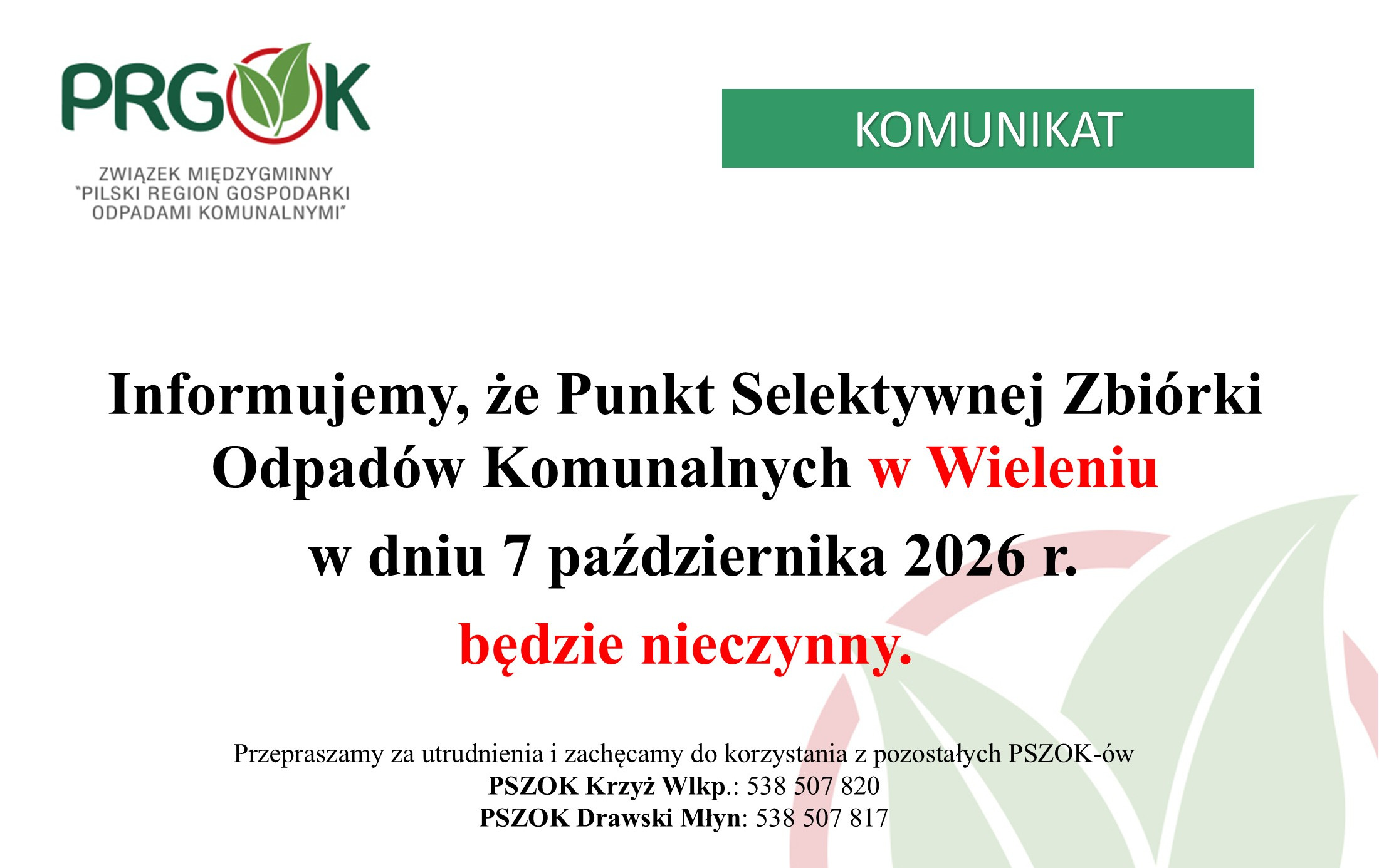 PSZOK w Wieleniu w dniu 07.10.2026 r. BĘDZIE NIECZYNNY