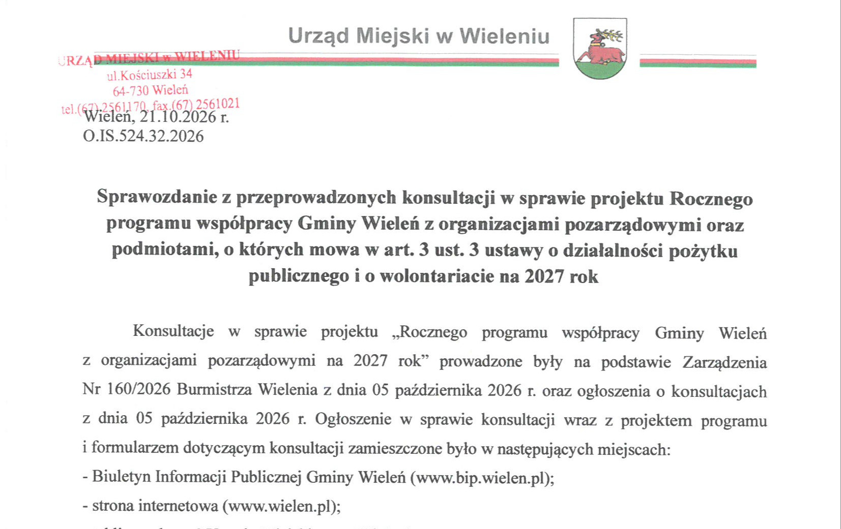 Sprawozdanie z przeprowadzonych konsultacji w sprawie projektu Rocznego programu współpracy Gminy Wieleń z organizacjami pozarządowymi na 2027 rok