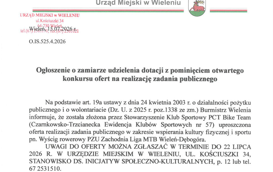 Ogłoszenie o zamiarze udzielenia dotacji z pominięciem otwartego konkursu ofert na realizację zadania publicznego
