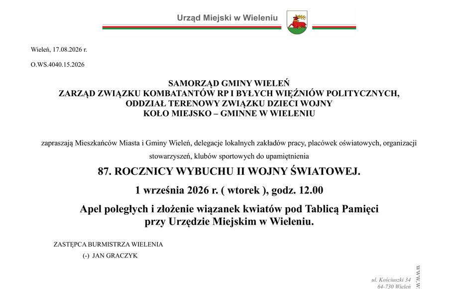 1 IX 2026 w Wieleniu - upamiętnienie 87. rocznicy wybuchu II wojny światowej