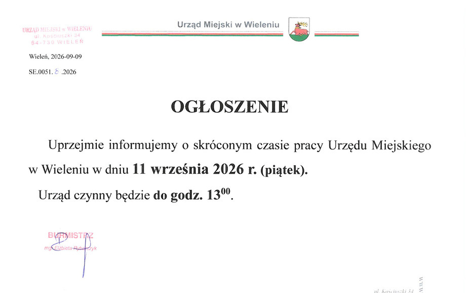 Ogłoszenie o skróconym czasie pracy Urzędu Miejskiego w Wieleniu